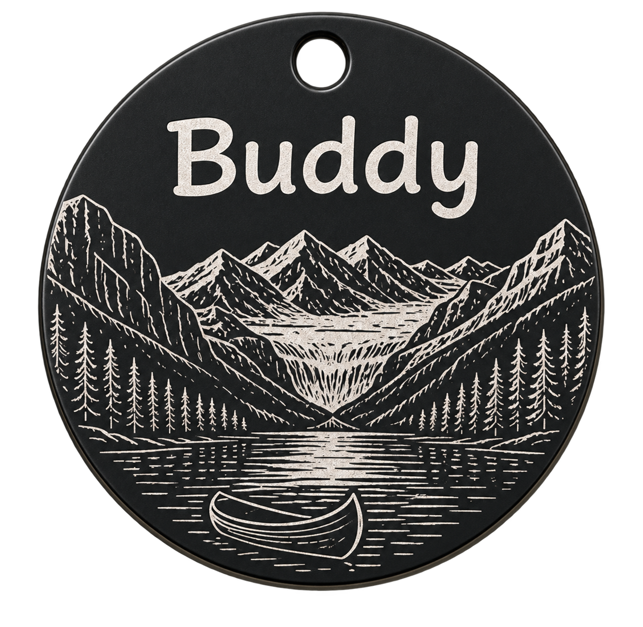 Example of a black round Scenes for Dogs tag personalized for Buddy with landscape artwork