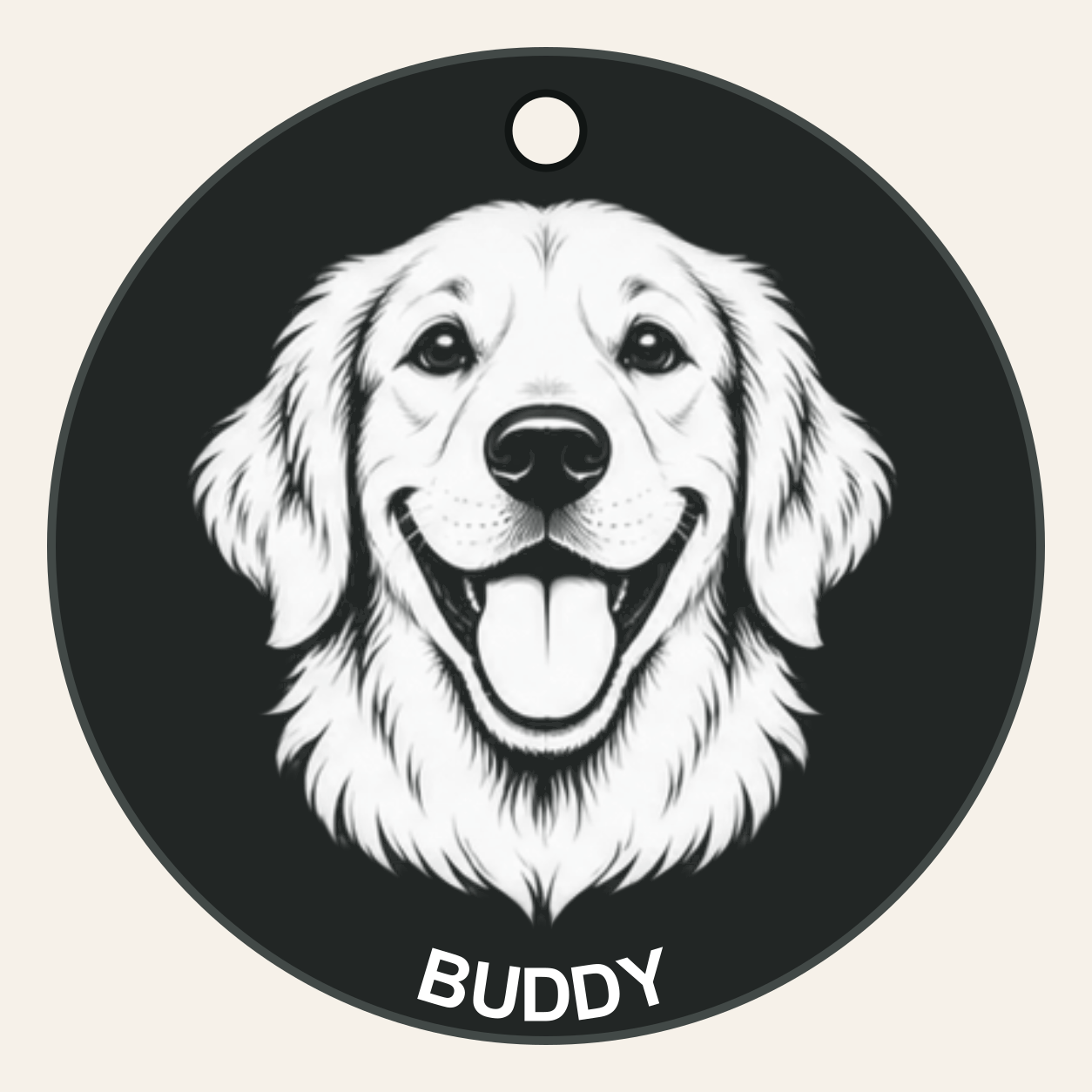 Example Cartoon Dogs tag with golden retriever portrait and Buddy on a round black tag